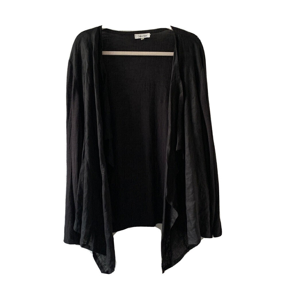Calvin Klein Womens Plus Size 2X Black Open Front Linen Drape Cardigan Sweater
